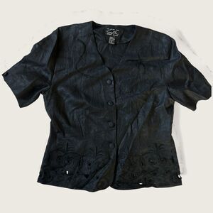 Vintage Suzelle Black Linen Embroidered Blouse 90s Short Sleeve Size 12